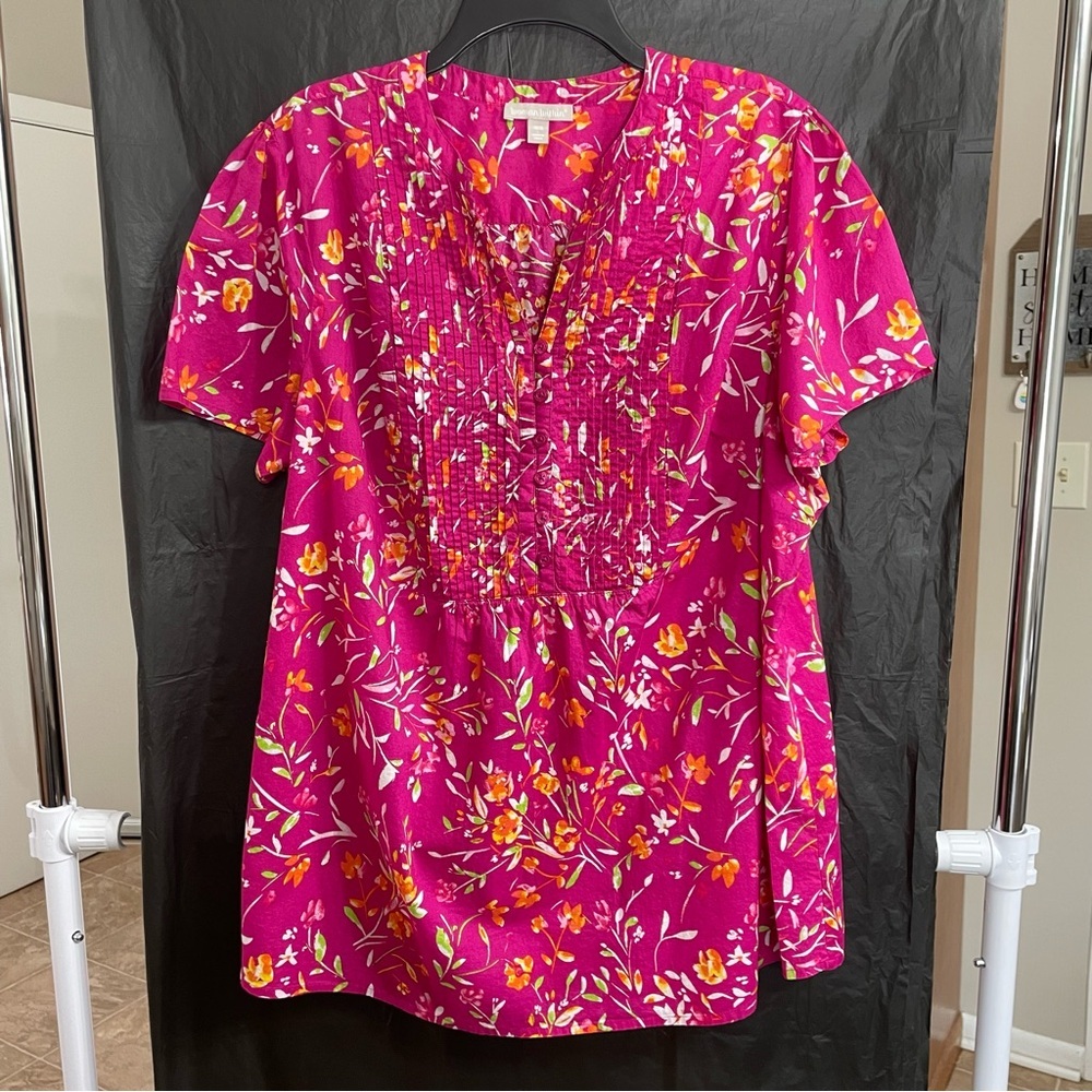 Woman Within 18/20 Hot Pink Ruffled Blouse with Mandarin Collar Tropical